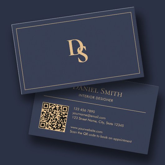 Carte De Visite Modern Minimalist Dark Blue Initials QR Code