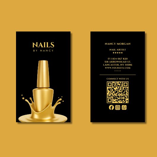 Carte De Visite Modern Nail salon QR Code Black And Gold