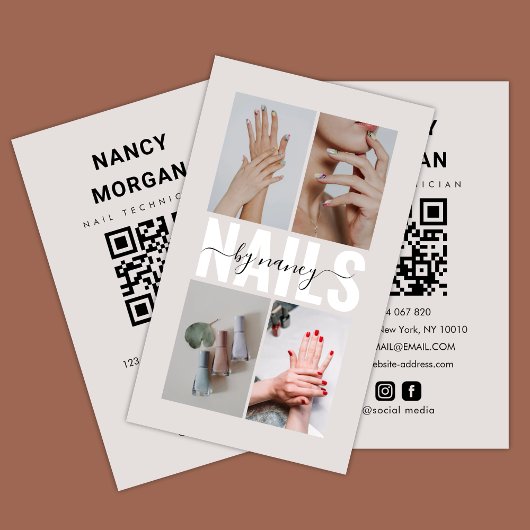 Carte De Visite  Modern Nail Technician Photo Collage Qr Code 