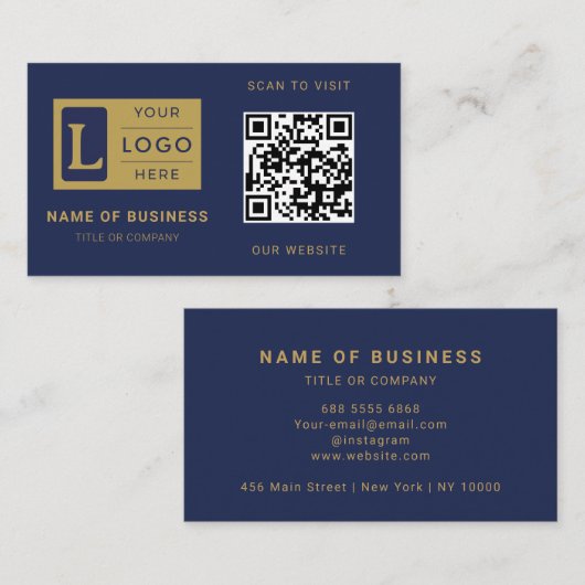 Carte De Visite Modern Navy Blue Gold QR Code Custom Logo (Devant / Derrière)