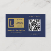 Carte De Visite Modern Navy Blue Gold QR Code Custom Logo (Devant)