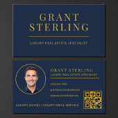 Carte De Visite Modern Navy Blue Gold Real Estate Agent QR Code