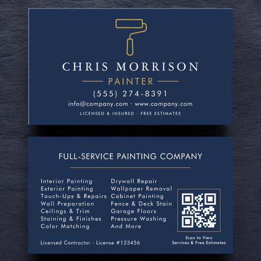 Carte De Visite Modern Painter Navy Blue Gold QR Code