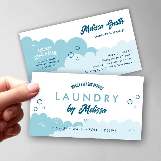 Carte De Visite Modern Pick-Up Laundry Service Blue & White
