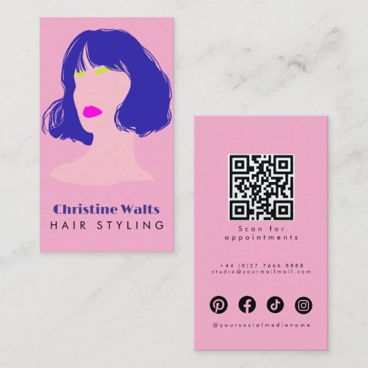 Carte De Visite Modern Pink Blue Lime Hair Styling Flat Design QR (Devant / Derrière)
