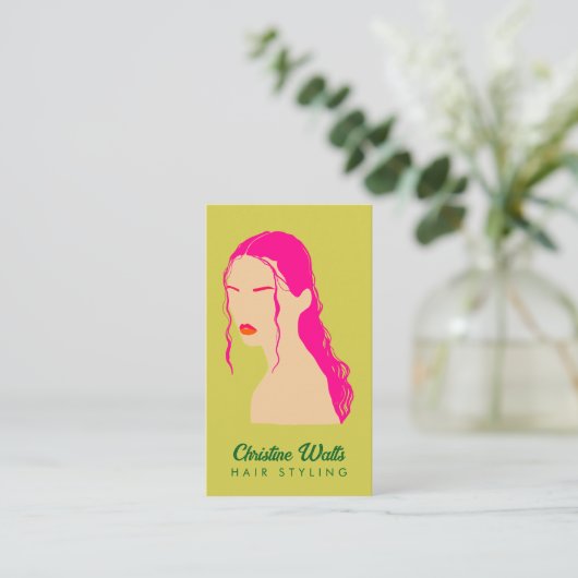 Carte De Visite Modern Pink Lime Green Hair Styling Flat Design QR (Debout devant)
