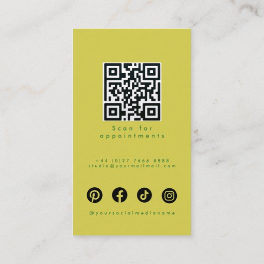 Carte De Visite Modern Pink Lime Green Hair Styling Flat Design QR (Dos)