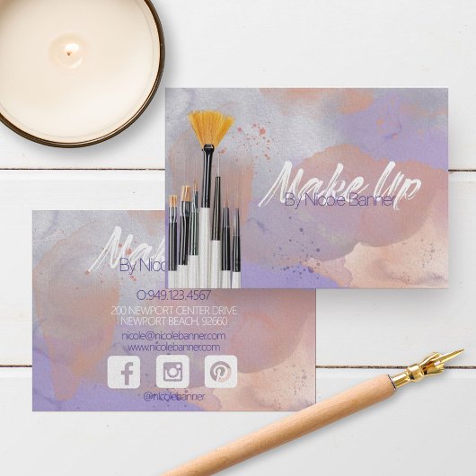 Carte De Visite Modern Pink Purple Watercolor Makeup Brushes