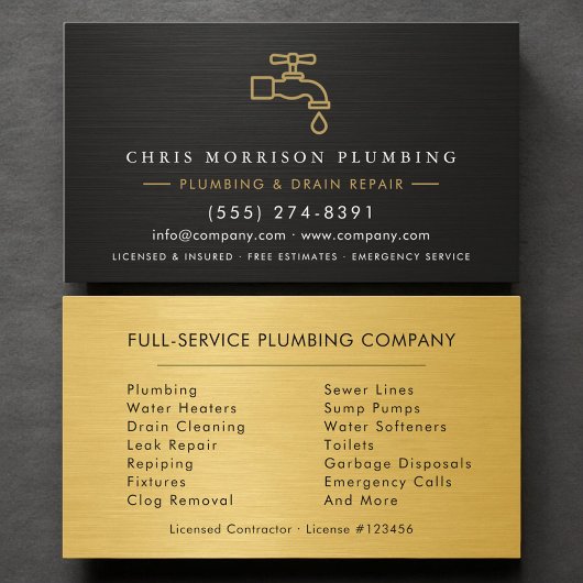 Carte De Visite Modern Plumber Metallic Black & Gold
