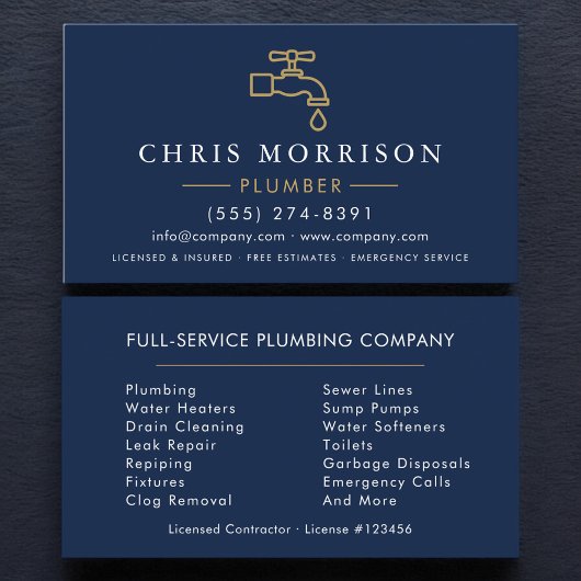 Carte De Visite Modern Plumber Navy Blue Gold Minimalist