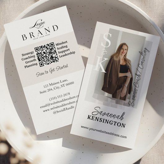 Carte De Visite Modern Professional Photo Monogram & Logo QR Code
