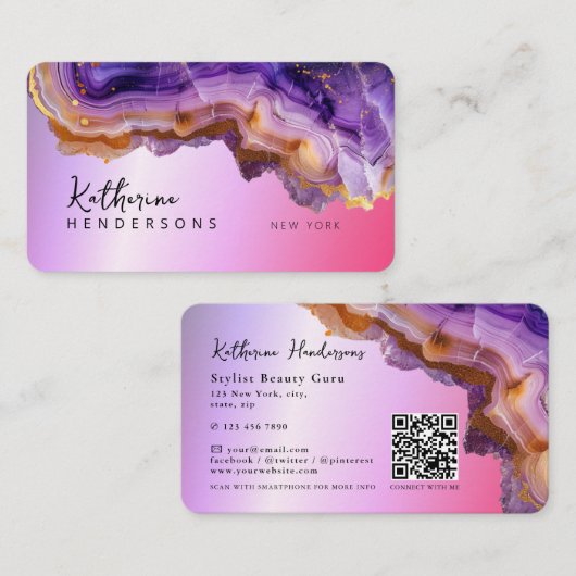 Carte De Visite Modern Purple Agate & gold glitter marble QR Code (Devant / Derrière)