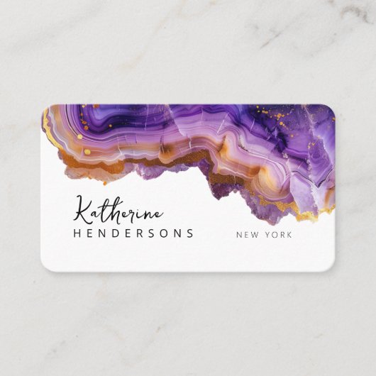 Carte De Visite Modern Purple Agate & gold glitter marble QR Code (Devant)
