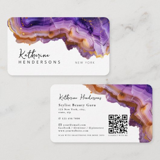 Carte De Visite Modern Purple Agate & gold glitter marble QR Code (Devant / Derrière)