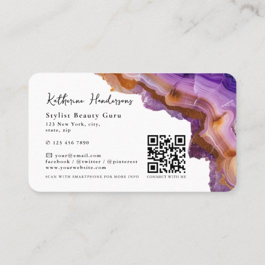 Carte De Visite Modern Purple Agate & gold glitter marble QR Code (Dos)