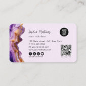 Carte De Visite Modern Purple Agate gold marble & QR Code Logo (Dos)