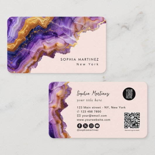 Carte De Visite Modern Purple Agate gold marble & QR Code Logo (Devant / Derrière)