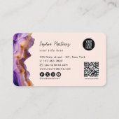 Carte De Visite Modern Purple Agate gold marble & QR Code Logo (Dos)