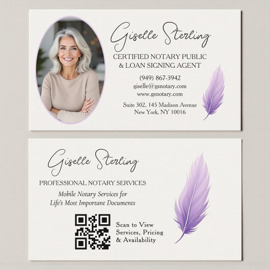 Carte De Visite Modern Purple Mobile Notary Photo QR Code