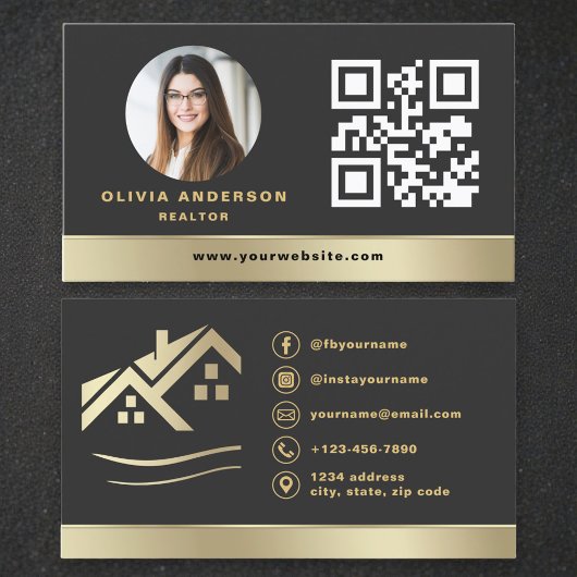 Carte De Visite Modern QR Code Gold House Real Estate Realtor