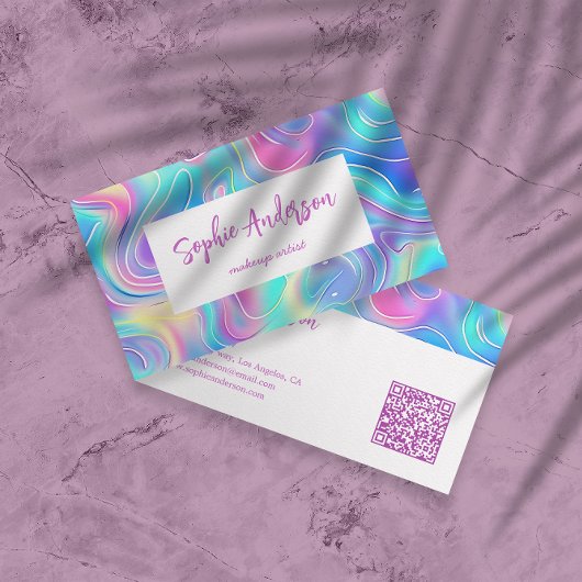 Carte De Visite Modern Rainbow Holographic Makeup Artist & Qr Code