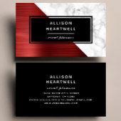 Carte De Visite Modern Ruby Red Brushed Metal White Marble Black