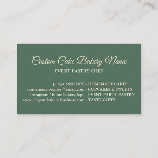 Carte De Visite Modern Sage Green Bakery Woman Cake Service (Dos)