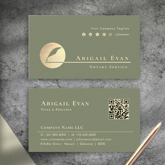 Carte De Visite Modern Sage Green Gold Feather Logo Notary Service