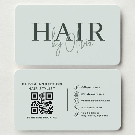 Carte De Visite Modern Sage Green Salon Hairstylist QR Code