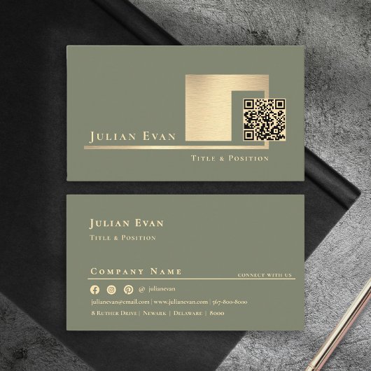 Carte De Visite Modern Sage Green Scannable QR Code Minimalistic