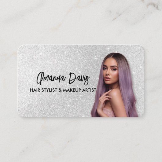 Carte De Visite Modern Silver Makeup Photo QR Code Logo (Devant)