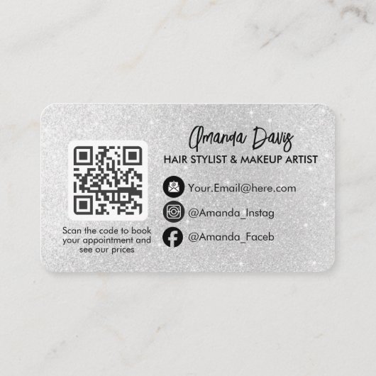 Carte De Visite Modern Silver Makeup Photo QR Code Logo (Dos)