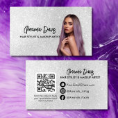 Carte De Visite Modern Silver Makeup Photo QR Code Logo