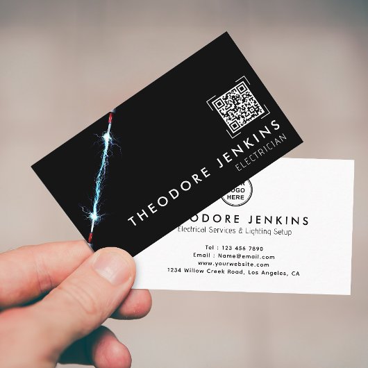 Carte De Visite Modern Sleek Black Electrician QR Code Logo