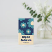 Carte De Visite Modern Teal Blue Retro Floral Pattern with QR Code (Debout devant)