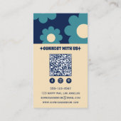 Carte De Visite Modern Teal Blue Retro Floral Pattern with QR Code (Dos)