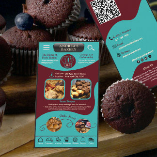 Carte De Visite Modern Teal Burgundy Bakery Logo and QR Code  