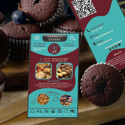 Carte De Visite Modern Teal Burgundy Bakery Logo and QR Code  