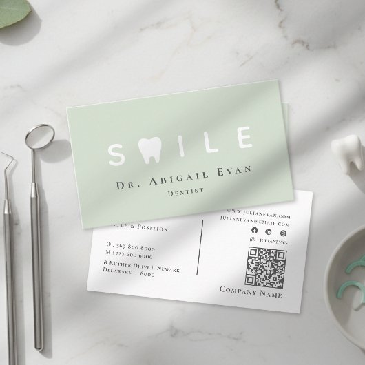 Carte De Visite Modern Tooth Icon Professional Sage Green Dentist