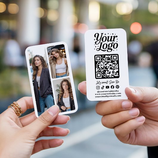 Carte De Visite Modern White QR Code Social Media Icons Logo Photo