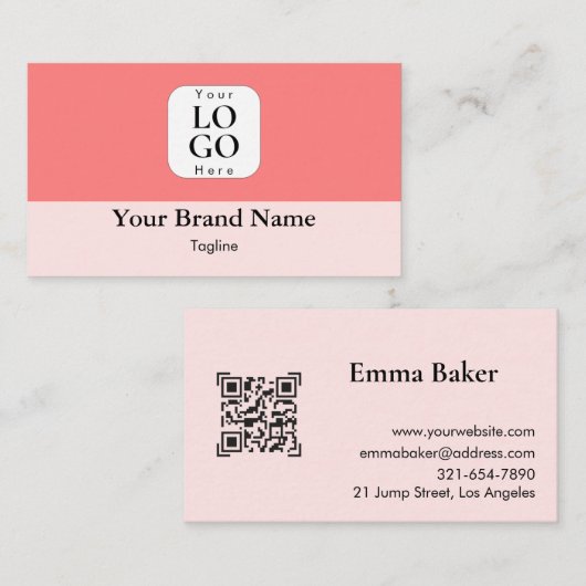 Carte de visite moderne avec code QR rose corail (Devant / Derrière)