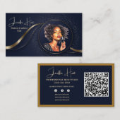 Carte De Visite Moderne Bleu et logo or profession QR code (Devant / Derrière)