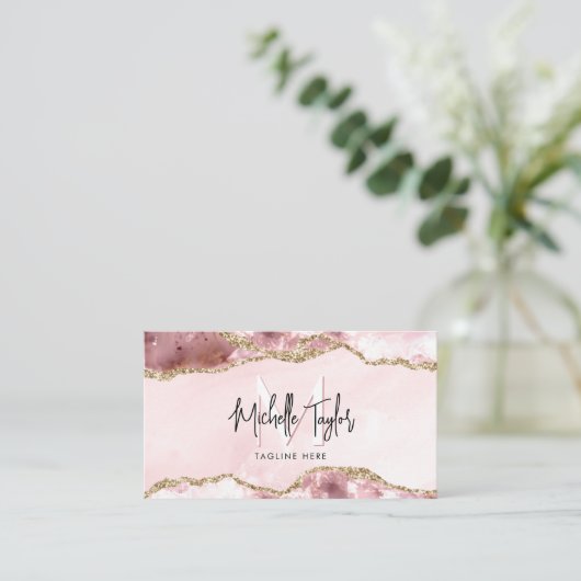Carte De Visite Moderne Blush Rose Agate Chic Moderne Monogramme (Debout devant)