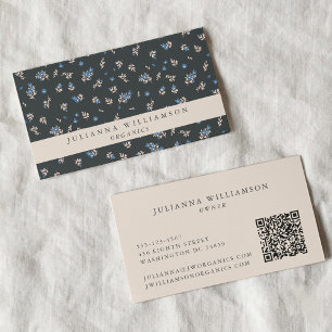 Carte De Visite Moderne Boho Floral Vintage Soft Black Jardin QR