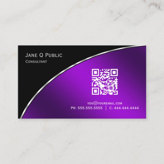 Carte De Visite Moderne brillant violet QR Élégant professionnel (Devant)