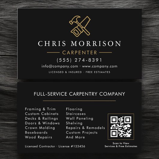 Carte de visite Moderne Charpentier Code QR Or Noi
