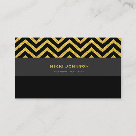 Carte de visite moderne Chevron Black & Gold Glam (Devant)