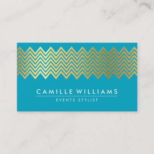 Carte De Visite MODERNE CHEVRON motif feuille or bleu turquoise (Devant)