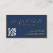 Carte De Visite Moderne Chic Marine Bleu Main Or Écrit QR Code (Dos)