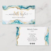 Carte De Visite Moderne Chic Monogramme Bleu Or Beauté Médias soci (Devant / Derrière)